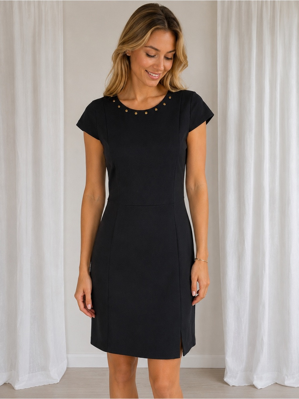 Michael Kors Black Short-Sleeve Sheath Dress with Gold Studs